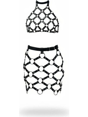 Najmaddin Beruflic Siyah Etek Suni Deri Etek Metal Halkalı Mini Etek - BRF1289 Najmaddin