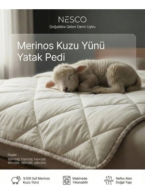 Nesco %100 Merinos Kuzu Yünü Yatak Pedi, Organik Yatak Koruyucu, Yıkanabilir Yün Yatak Pedi, Doğal Konfor