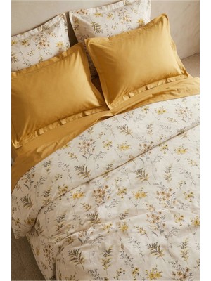 Nesco %100 Pamuk Çift Kişilik Nevresim Takımı 200X220 cm Lastikli Çarşaflı Sarı Çiçek Desenli Hardal