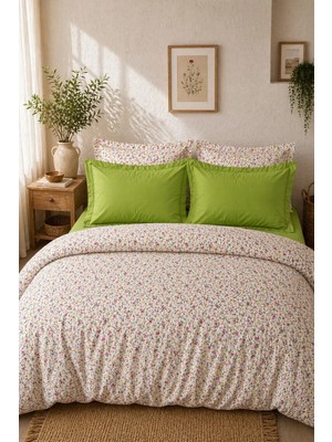 Nesco Beyaz Çiçek Pamuk 160X220 Tek Kişilik Nevresim Takımı + Lastikli Fıstık Yeşili Çarşaf + 2 Yastık
