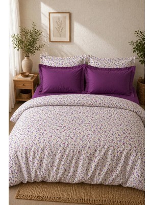 Nesco Beyaz Çiçek Desenli Pamuk 200X220 Çift Kişilik Nevresim Takımı + Lastikli Mor Çarşaf + 4 Yastık