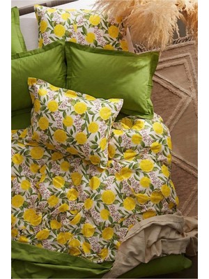 Nesco Limon Desenli Çift Kişilik %100 Pamuk Nevresim Takımı 200X220 + Yeşil Düz Çarşaf + 4 Yastık