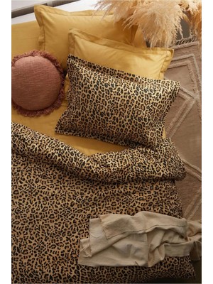 Nesco Leopar Desenli Tek Kişilik %100 Pamuk Nevresim Takımı 160X220 Nevresim + Hardal Çarşaf 100X200