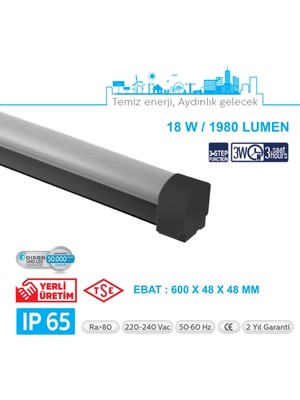 Teletek 3-Step Fonksiyon + Acil Durum Kitli 18W Etanj Armatür IP65 - Otopark, Depo ve Garaj Tipi - Su Geçirmez Tavan Lambası