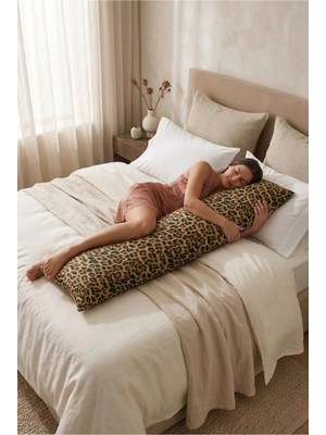 Nesco Leopar Desenli Dolgulu Uzun Yastık 40X120 cm %100 Pamuk Dekoratif Yastık Hamile Yan Yatış Yastığı