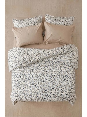 Nesco Bej Çiçek Desenli %100 Pamuk 220X240 Battal Boy Nevresim Takımı + Lastikli Bej Çarşaf