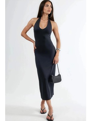 Hiccup Kadınlar Halter Yaka Midi Bodycon Elbise Siyah