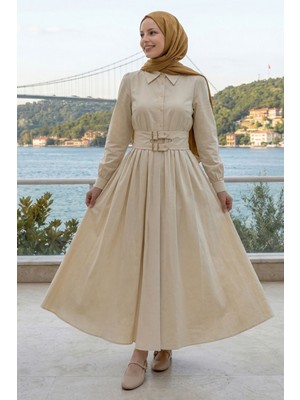 inStyle Çift Toka Kemerli Bej Elbise