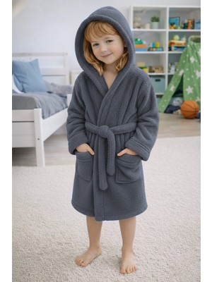 Mislina Home Luna Soft Kız / Erkek Çocuk Kapşonlu Pamuklu Bornoz Peluş Sabahlık |5/6 Yaş Koyu Gri
