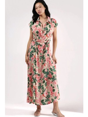 Hiccup Kadınlar Desenli Düğmeli Midi Gömlek Elbise Pembe