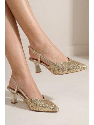 Modabuymus Altın Gold Dore Renk Stiletto Arkası Açık Cam Kırığı Abiye Ayakkabı Paris S