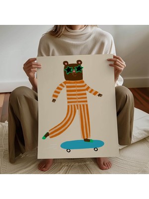 Pegziz Çocuk Odası Kaykaycı Ayıcık Temalı Çerçevesiz Poster Çocuk ve Bebek Odası Duvar Dekoru