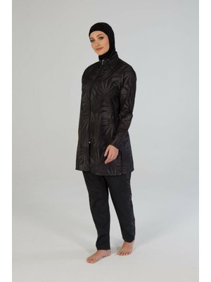 Estiva 26964 Siyah Tropical Tam Kapalı Taş Baskılı Pantolonlu Fermuarlı Tesettür Mayo