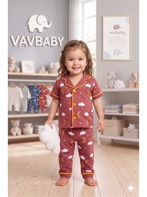 Vavbaby Pamuklu Kruvaze Yaka Önden Düğmeli Bulut-Ay Desenli Mevsimlik Alt Üst Pijama Takım-Kırmızı