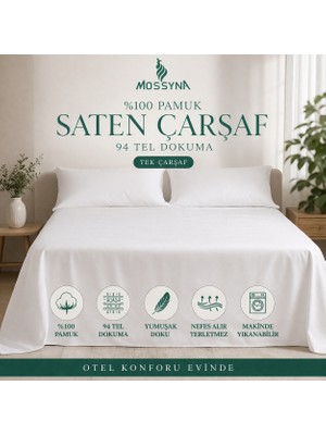 Mossyna %100 Pamuk Saten Çarşaf | 94 Tel Dokuma | Tek Çarşaf | Yıkanabilir | Yumuşak Doku | Ölçü Seçenekli