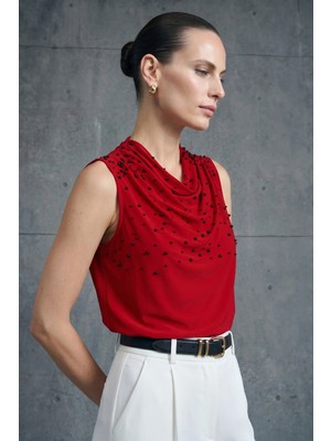 Sateen Inci Detaylı Bluz - Kırmızı