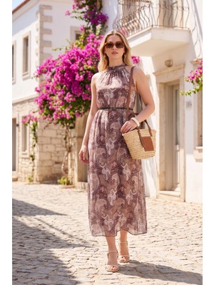 Lela Desenli Halter Yaka Kolsuz Kemerli Maxi Şifon Elbise Bayan Elbise 6525724