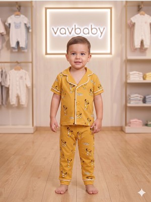 Vavbaby Pamuklu Kruvaze Yaka Önden Düğmeli Aslan Kral Desenli Mevsimlik Alt Üst Pijama Takım (Sarı)