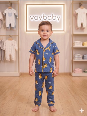 Vavbaby  Pamuklu Kruvaze Yaka Önden Düğmeli Aslan Kral Desenli Mevsimlik Alt Üst Pijama Takım (Mavi)