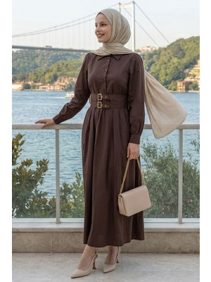 inStyle Çift Toka Kemerli Acı Kahve Elbise