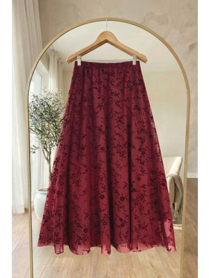 inStyle Çiçekli Flok Tül Astarlı Kırmızı Etek