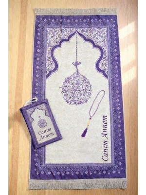 İhvan Online Canım Annem Nakışlı Anneler Günü Hediyesi, Kadife Ipek Dokulu Keseli Seccade ve Inci Tesbih Seti - Mor