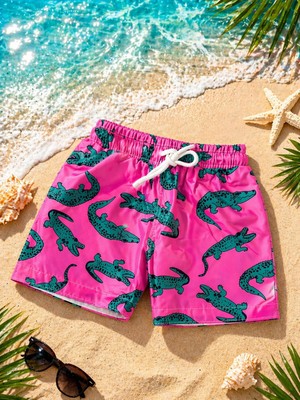 Yeni Sezon Erkek Çocuk Desenli Baskılı Bel Bağcıklı Şort Mayo Fileli Tam / Regular Kalıp - Neon Pembe - 13-14 Yaş