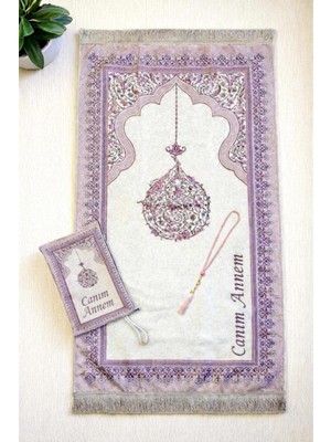 İhvan Online Canım Annem Nakışlı Anneler Günü Hediyesi, Kadife Ipek Dokulu Keseli Seccade ve Inci Tesbih Seti - Fuşya