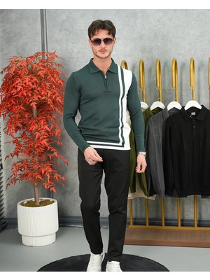 Modefendicom Şerit Detaylı Fermuarlı Polo Yaka Triko Kazak