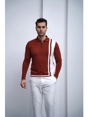 Modefendicom Şerit Detaylı Fermuarlı Polo Yaka Triko Kazak