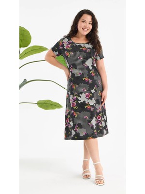 Madwilo Kadın Siyah Beyaz Floral Petek Desen Büyük Beden Esnek Midi Elbise