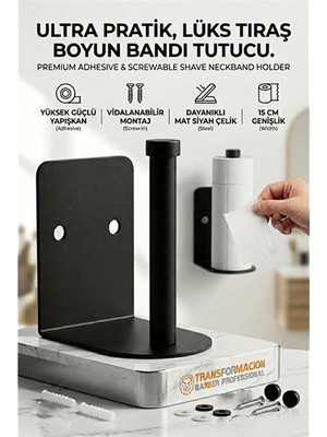 Buğlem Event Mat Siyah Metal Berber Boyun Kağıdı Tutucu Askısı (Yapışkanlı &amp; Vidalı) - LG002W-7L7G6