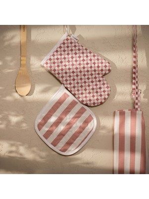 Evidea Soft Riga Fırın Eldiveni ve Tutaç Set - Pembe / Ekru - 17X28 cm + 20X20 cm