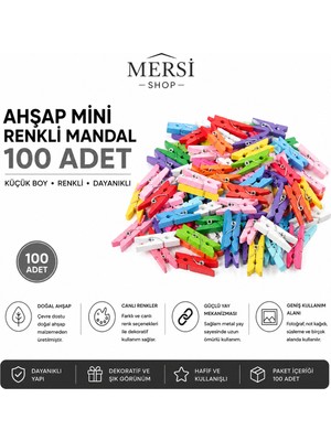 Mersi Shop 100 Adet Renkli Mini Ahşap Mandal Fotoğraf Not Askısı Dekoratif Mandal 2.5 cm