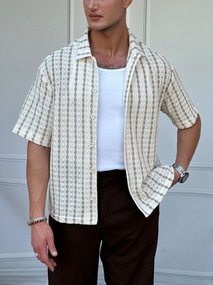 Modefendicom Şerit Desenli %100 Pamujk Dokuma Regular Fit Kısa Kollu Keten Gömlek