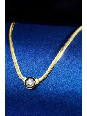 INNUENDO JEWELRY 925 Ayar Gümüş Altın Kaplama Balık Sırtı Zincir Tek Taş Kolye