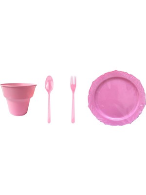 Omeyva 23 Cm. Plastik Mika Pembe Sorfa Piknik Seti - 12 Kişilik Tabak Bardak Çatal Kaşık Takımı