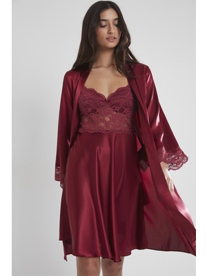 Pierre Cardin Kadın Bordo Saten Dantelli Gecelik & Sabahlık Takım M Beden Şık Tasarım 4265
