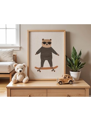 Pegziz Çocuk Odası Minimal Ayıcık Temalı Tablo Doğal Ahşap Çerçeveli Duvar Tablosu
