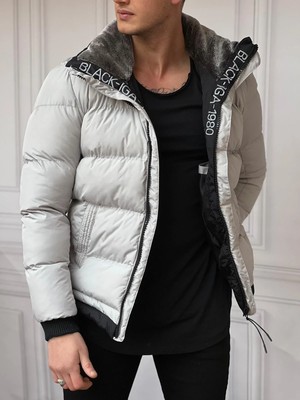 Modefendicom Yaka Kısmı Kürk Detaylı %100 Boncuk Elyaf Şişme Mont