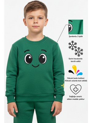 KarmeNova Buddy Gülen Yüz Baskılı Sıcak Unisex Çocuk Sweatshirt Eşofman Üstü | 4-9 Yaş