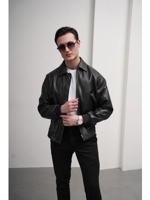 Modefendicom Yakası Çıkabilir Gömlek Yaka Oversize Deri Mont