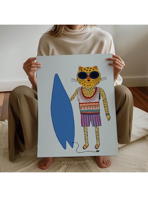 Pegziz Çocuk Odası Sörfçü Kedi Temalı Dekoratif Poster Çocuk ve Bebek Odası Duvar Dekoru