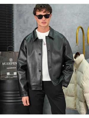 Modefendicom Yüksek Kalite Oversize Düğmeli Deri Mont