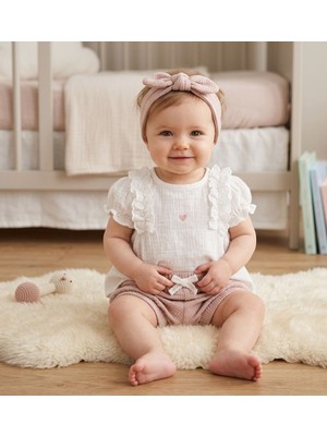 Bebeva Baby Kız Bebek Pudra Müslin Bluz, Şort ve Bandana 3'lü Takım