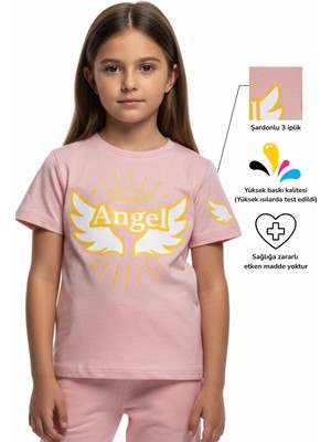 KarmeNova Angel Kanat & Hale Baskılı Içindeki Işığı Taşıyan %100 Pamuk Kız Çocuk T-Shirt Tişört | 4-9 Yaş