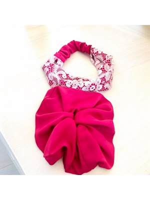 ALS Tasarım Dünyası Fuşya Renk Gigürlü Saç Bandı ve Simit Toka Seti