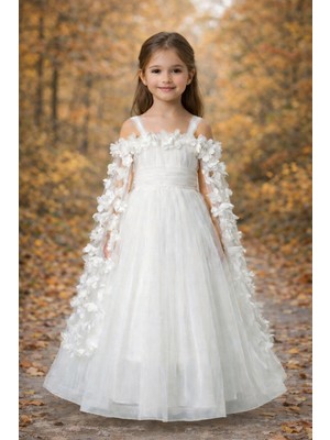 Atlas Kids Kız Çocuk Premium Beyaz Tül Abiye Gelinlik – Çiçek Detaylı Prenses Model (3-12 Yaş)