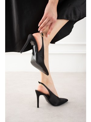 Seniorah Essential Siyah saten Arkası Açık Sivri Burun Kadın Topuklu Ayakkabı