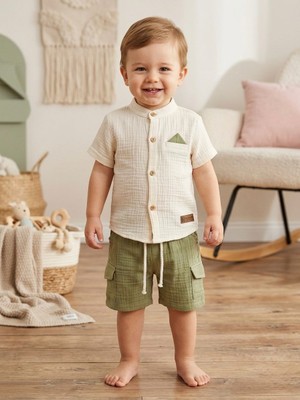 Butik Erkek Bebek %100 Pamuklu Müslin Kumaş Alt - Üst Şortlu 2'li Takım